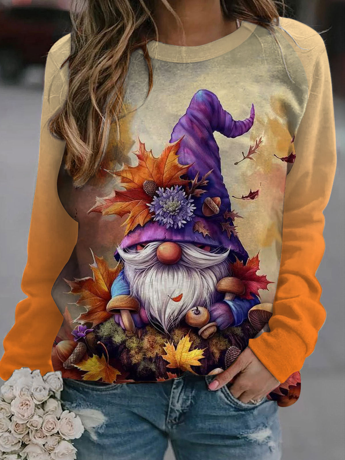 Harvest Gnome And Falling Leaves Long Sleeve Casual Top