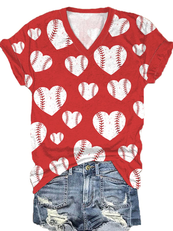 Women's Baseball Love Print V-Neck T-Shirt