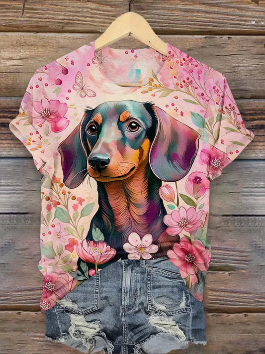 Dog Art Print Casual Crew Neck T-shirt