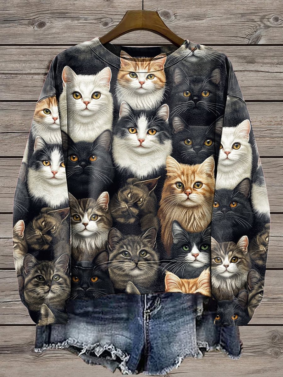 Women's Vintage Cat Print Long Sleeve Top