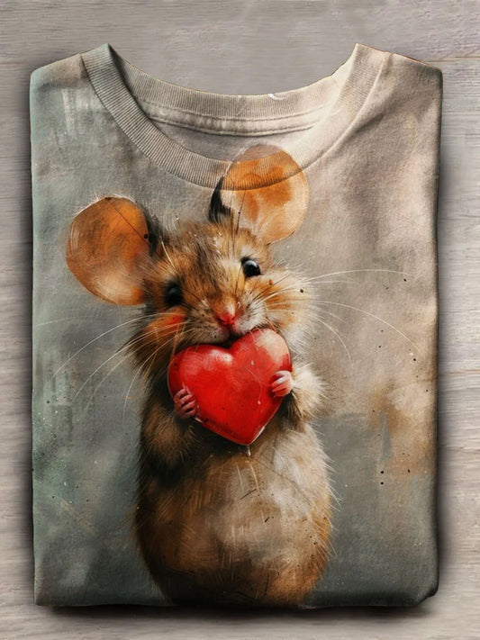 Funny Mouse Valentine Print Crew Neck T-shirt