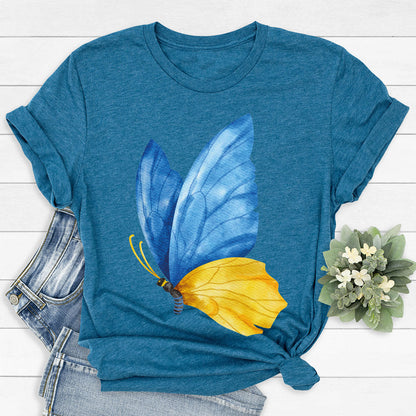 Blue Yellow Butterfly Crew Neck T-shirt