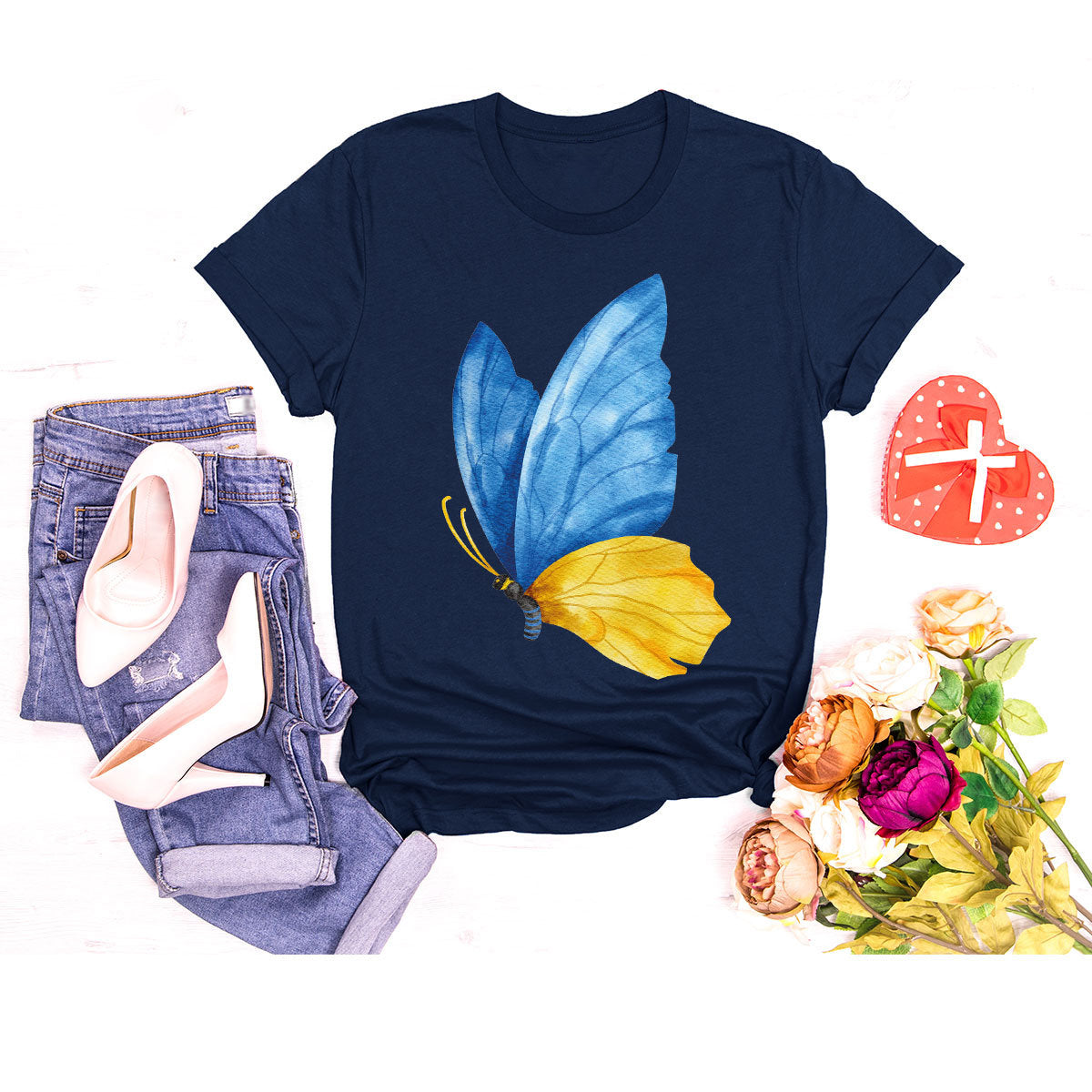 Blue Yellow Butterfly Crew Neck T-shirt