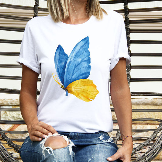 Blue Yellow Butterfly Crew Neck T-shirt