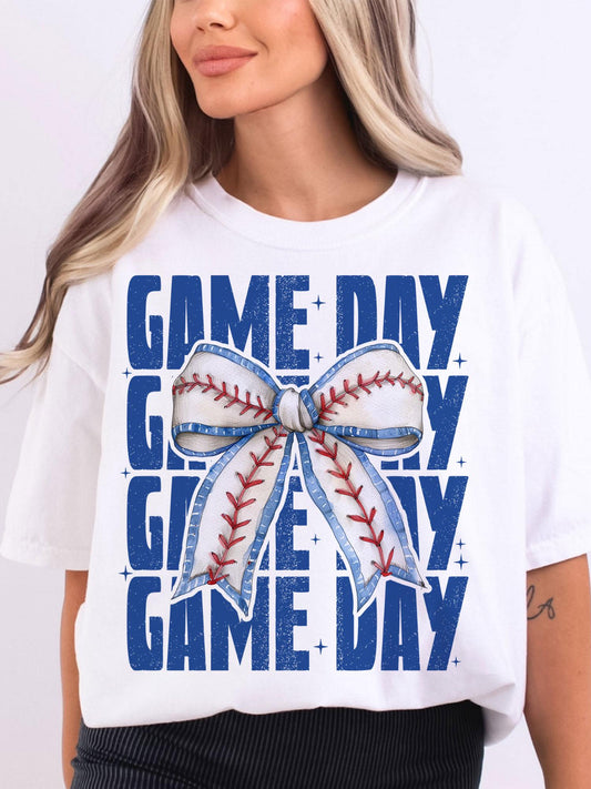 Women's Game Day Baseball Bow Printed Crew Neck T-shirt