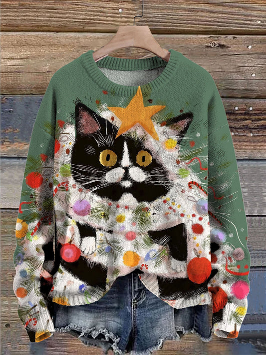 Christmas Tree Cat Ribbons Print Knit Pullover Sweater