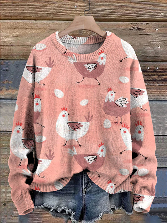 Christmas Cute Chickens Decorations Art Pattern Print Casual Knit Pullover Sweater