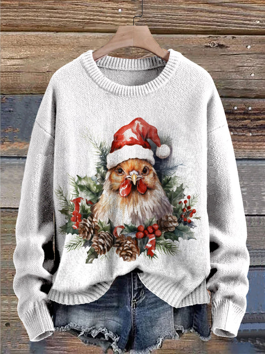 Christmas Chicken Vintage Print Knit Pullover Sweater