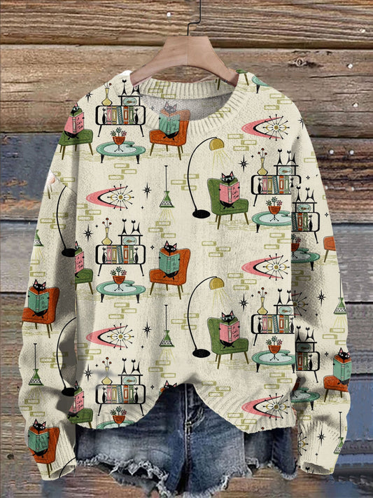 Retro Cozy Cats Print Knit Pullover Sweater