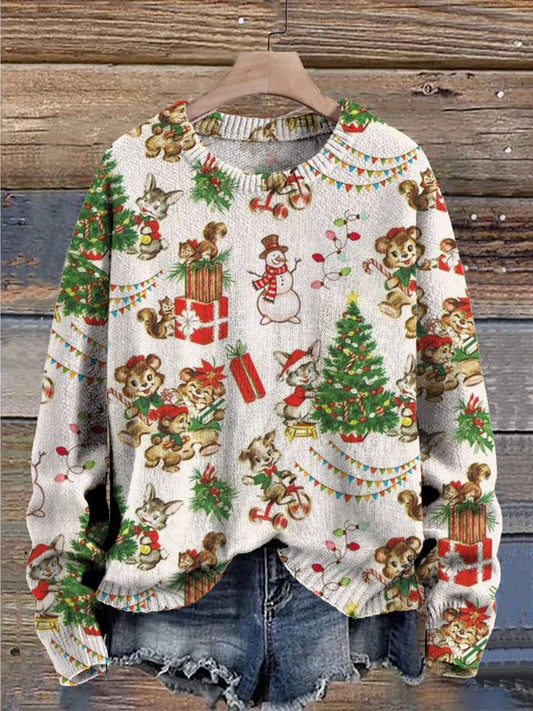 Christmas Tree Animals Gifts Lanterns Ribbons Snowman Print Knit Pullover Sweater