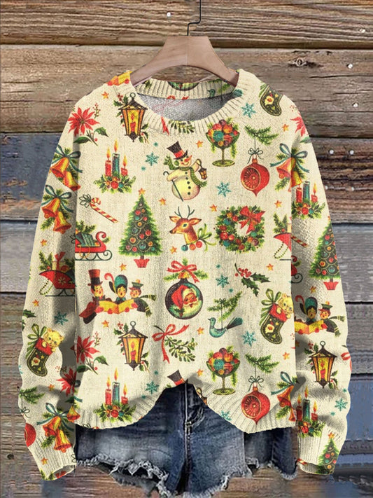 Vintage Retro Christmas on Cream Print Knit Pullover Sweater