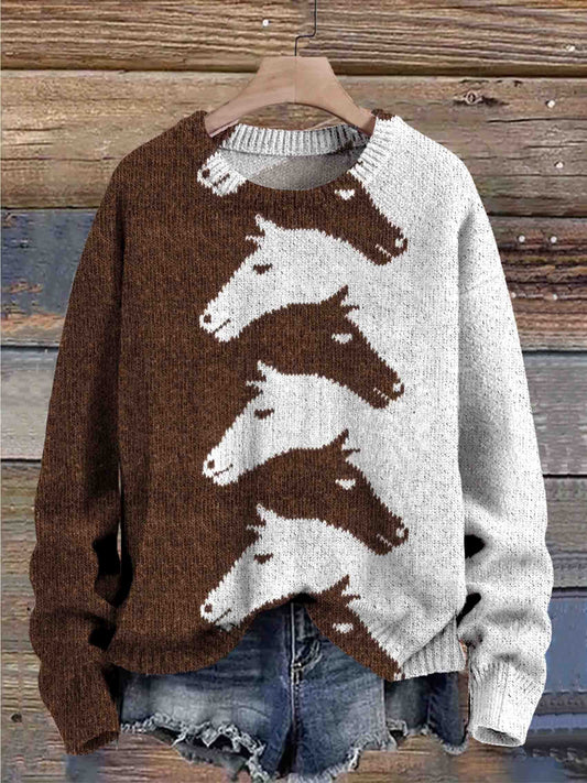 Horse Print Knit Pullover Sweater