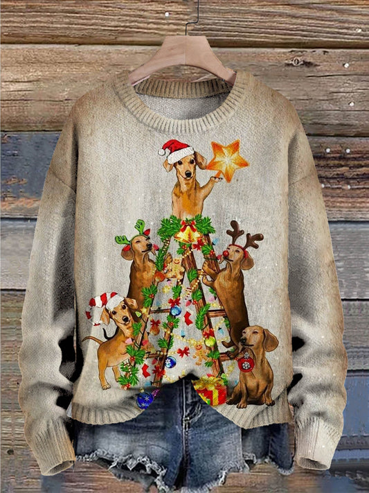 Christmas Cute Dogs Decorations Art Pattern Print Casual Knit Pullover Sweater