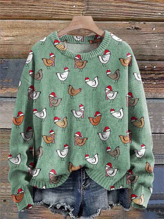 Christmas Holiday Cute Chickens Print Knit Pullover Sweater