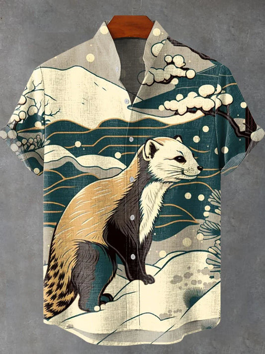 Vintage Japan Ukiyo-e Beaver Art Print Casual Shirt