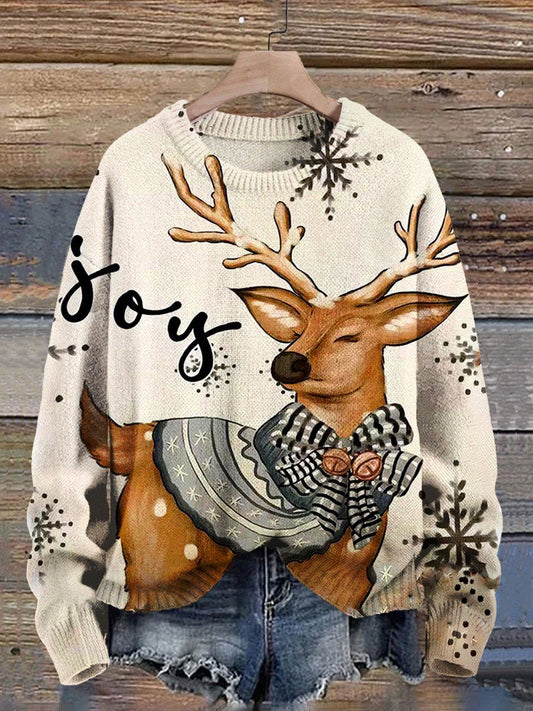 Joy Retro Christmas Print Knit Pullover Sweater