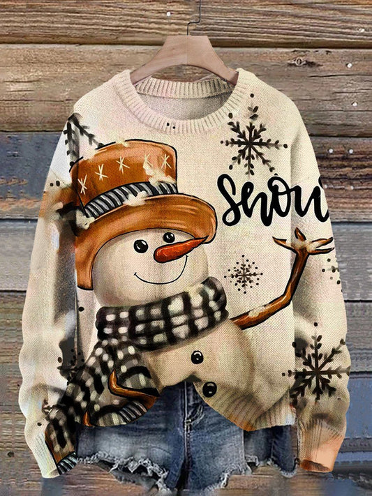 Snow Retro Christmas Print Knit Pullover Sweater