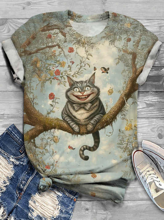 Women's Cat Floral Plant Vintage Spring Print T-Shirt