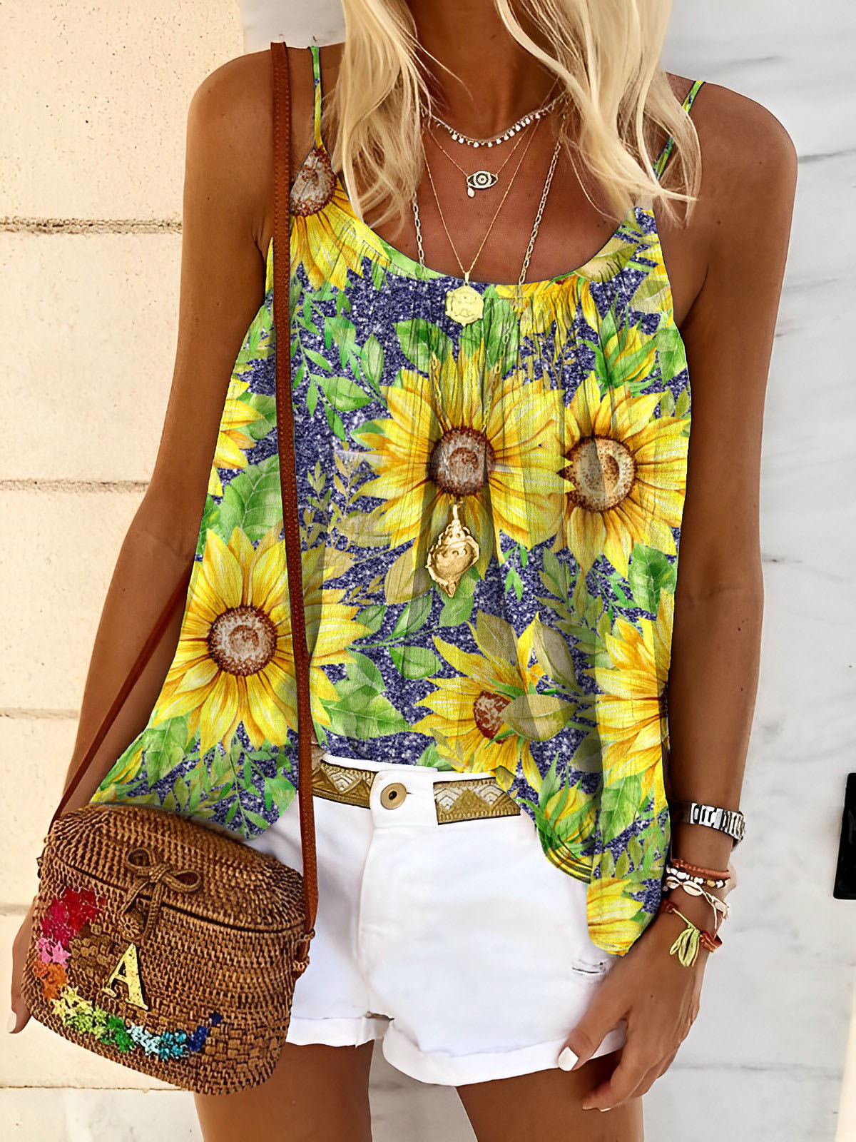 Sunflower Glitter Floral Print Tank Top