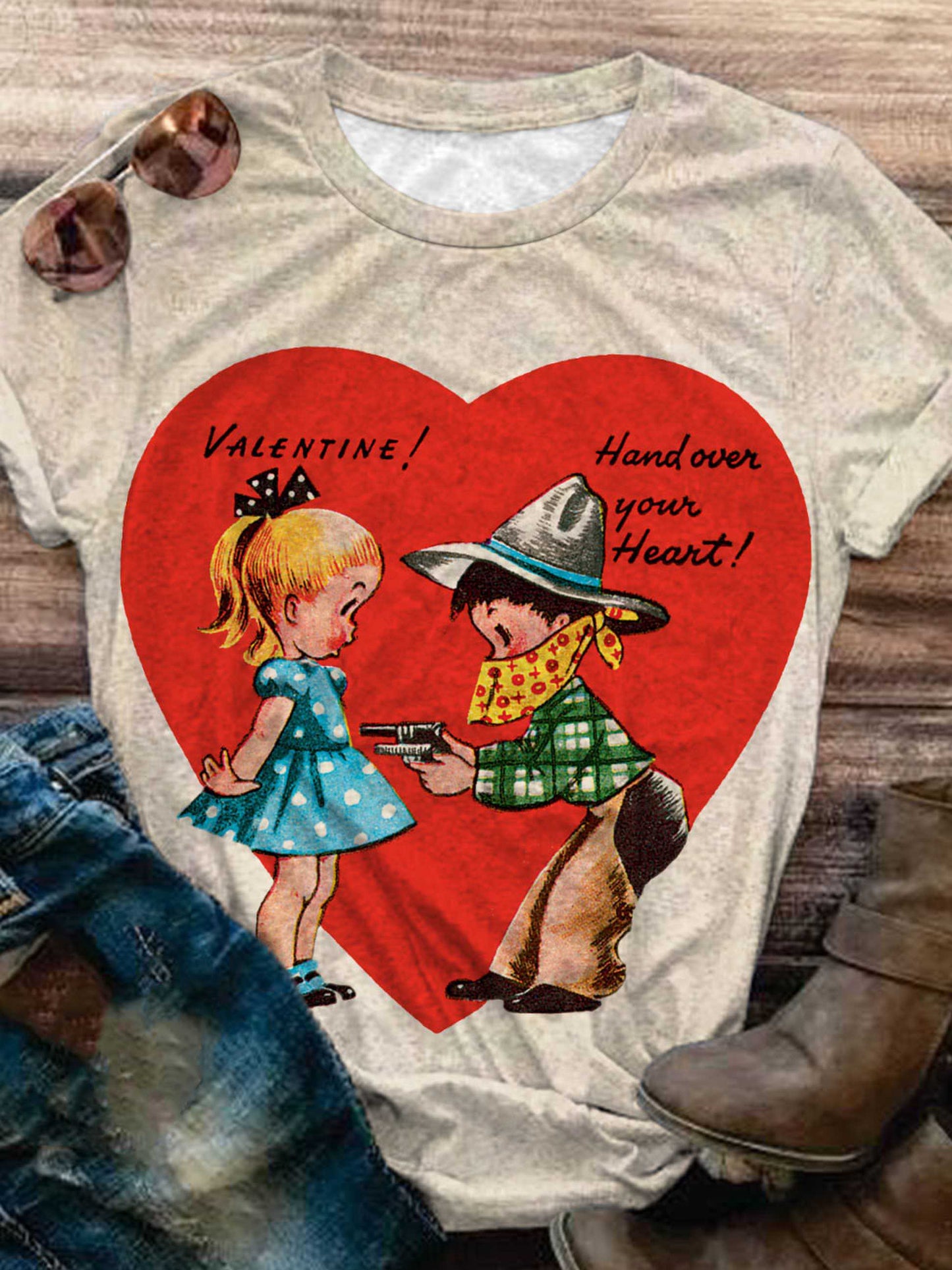 Vintage Cute Valentine's Day Girl with Cowboy Tee