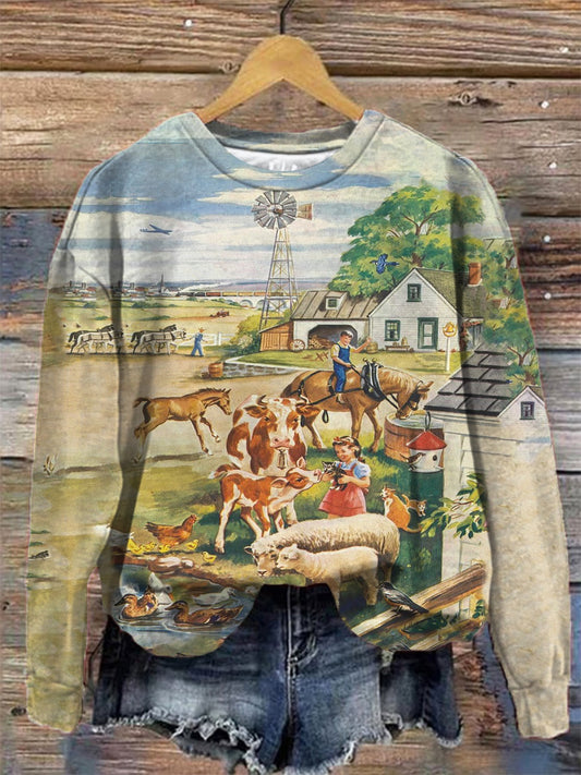 Women's Vintage Animal Farm Crew Neck Long Sleeve Top