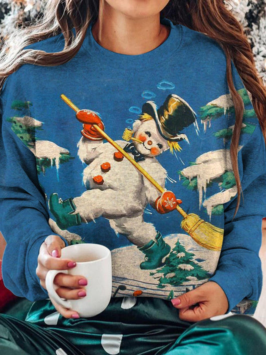 Snowman Print Round Neck Long Sleeve Top