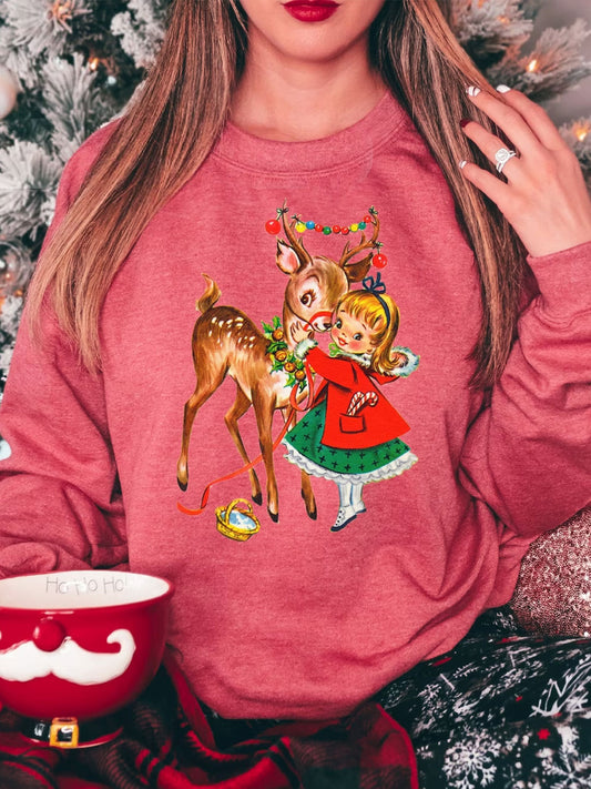 Women's Vintage Reindeer Christmas Print Top