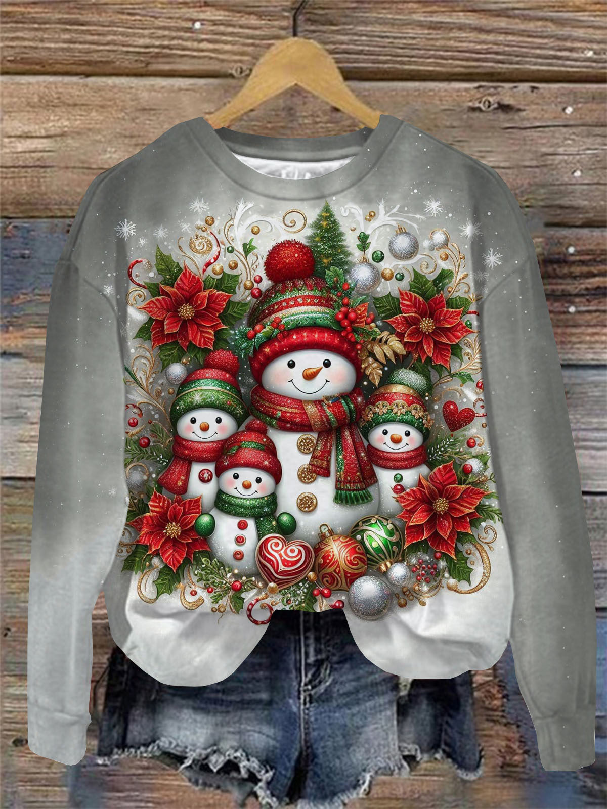 Women's Christmas Floral Snowman Print Round Neck Long Sleeve Top