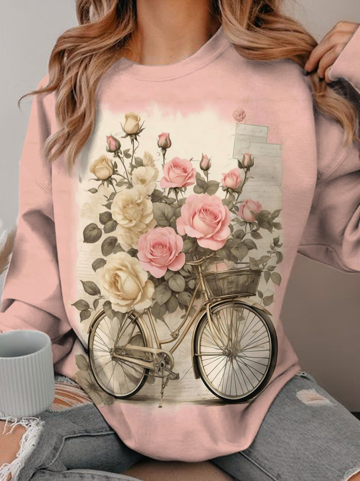 Women's Vinage Floral Print Round Neck Long Sleeve Top