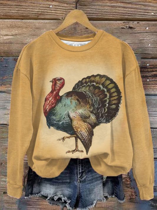 Women's Vintage Thanksgiving Turkey Print Round Neck Top