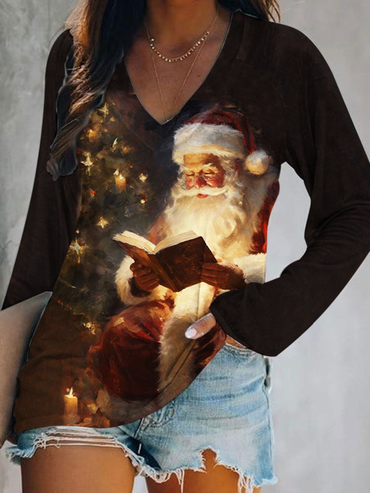 Women's Santa Print V-Neck Long Sleeve Top