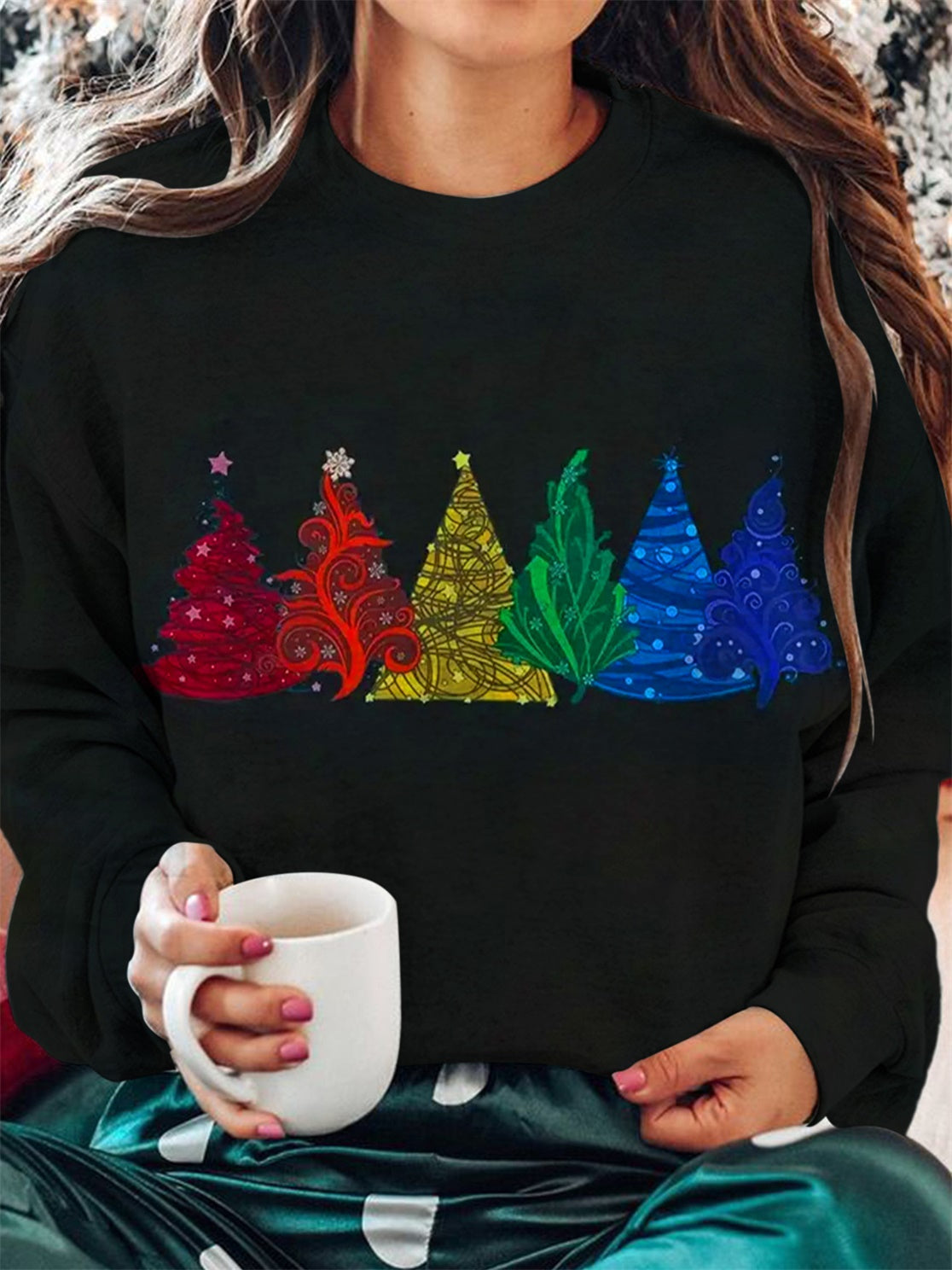 Women's Rainbow Christmas Tree Crew Neck Long Sleeve Top