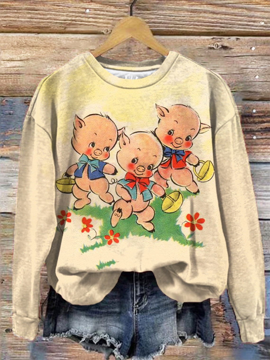 Three Little Pigs Print Round Neck Long Sleeve Top