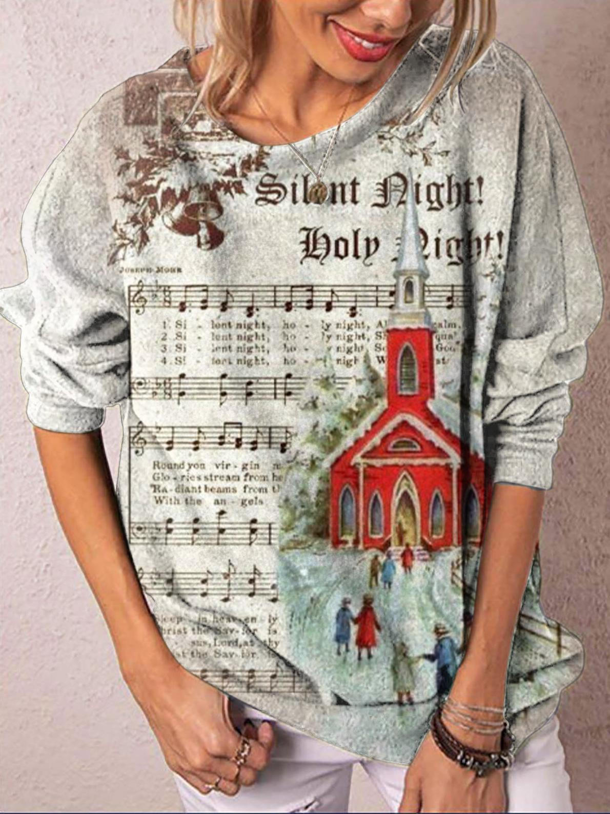 Silent Night Victorian Church Christmas Print Long Sleeve Top