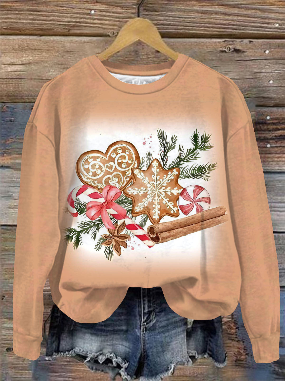 Christmas Gingerbread Print Round Neck Long Sleeve Top