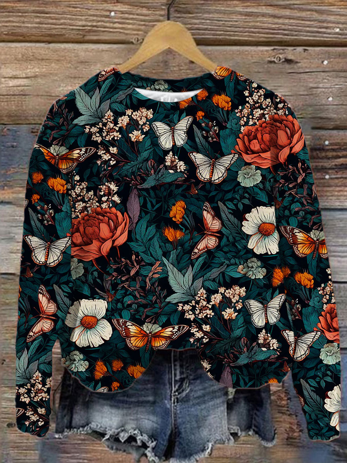 Women's Vintage Butterfly Floral Print Round Neck Long Sleeve Top