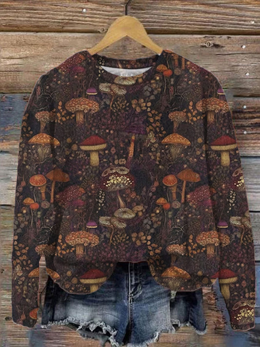 Women's Vintage Mushroom Print Round Neck Long Sleeve Top