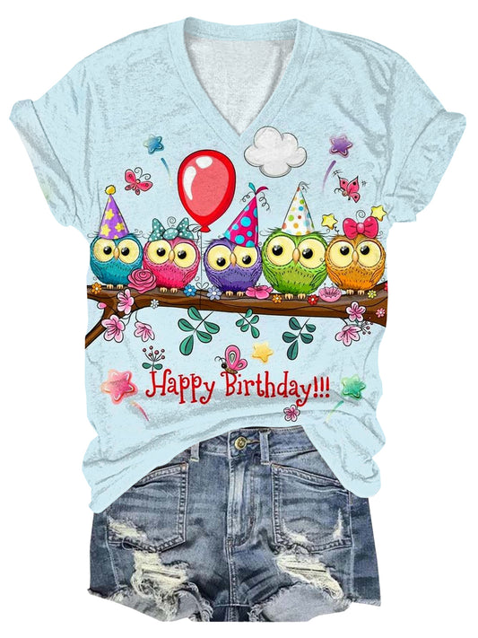 Owl V-Neck Short Sleeve T-Shirt