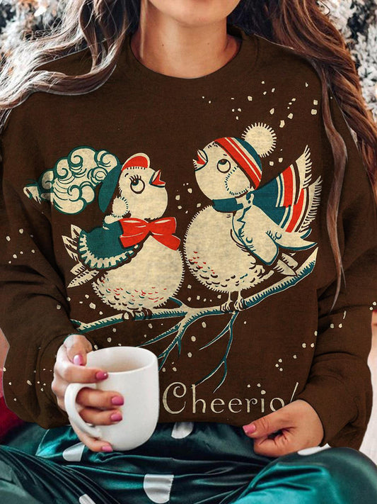 Women's Christmas Bird Print Round Neck Long Sleeve Top