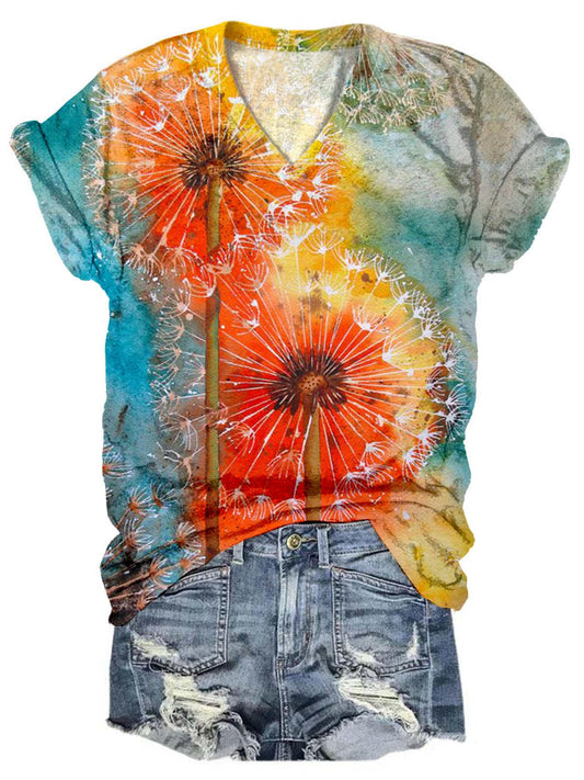 Women's Dandelion Print V-Neck T-Shirt