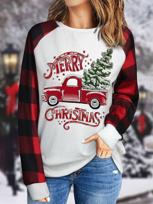 Christmas Truck Plaid Print Round Neck Casual Top