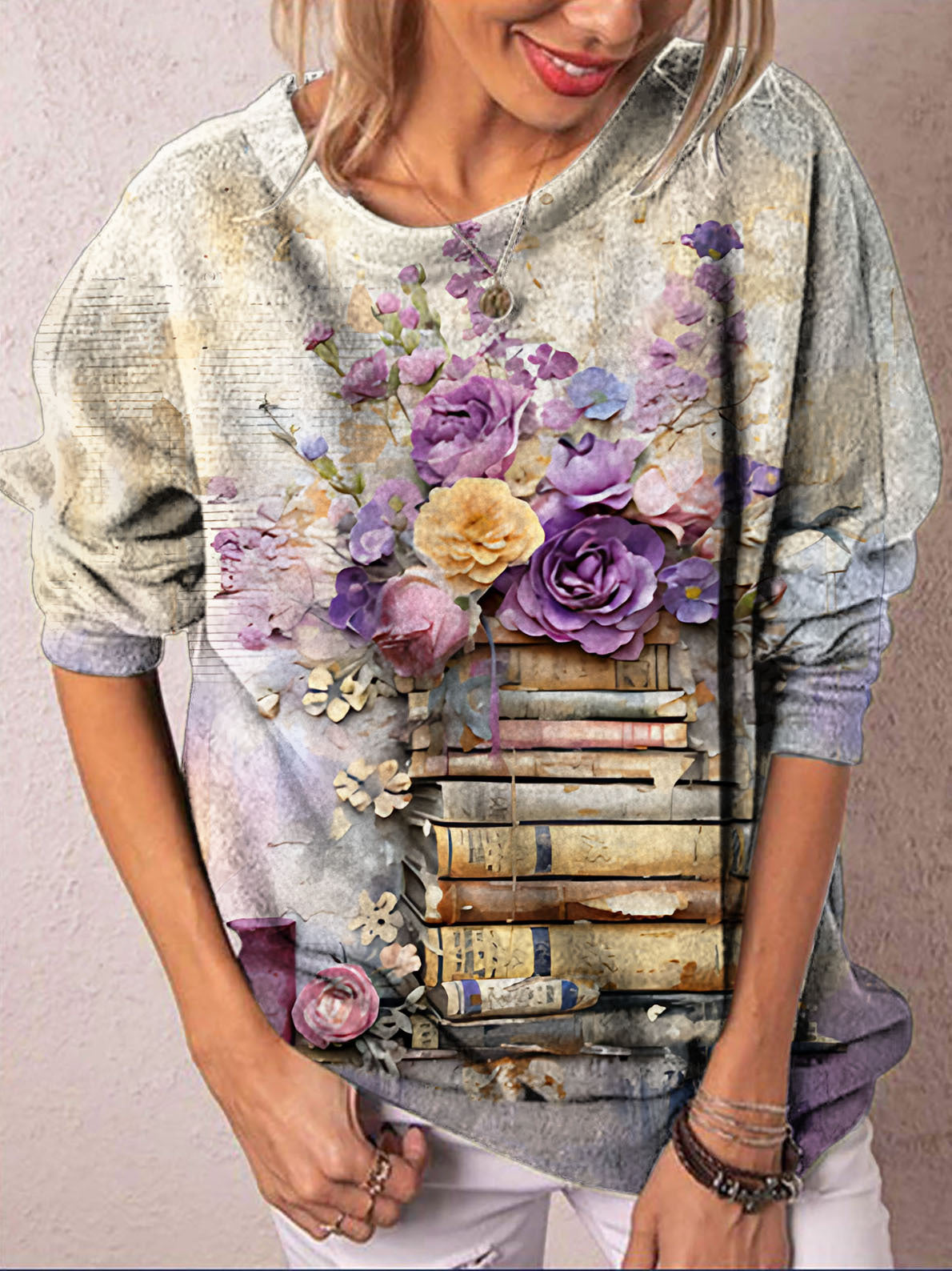 Purple Floral Bookworm Print Crew Neck Long Sleeve Top