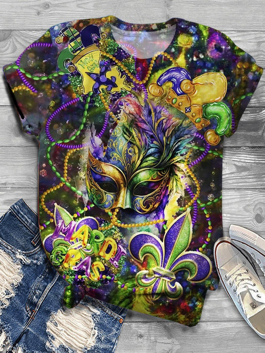 Mardi Gras Print Crew Neck T-shirt