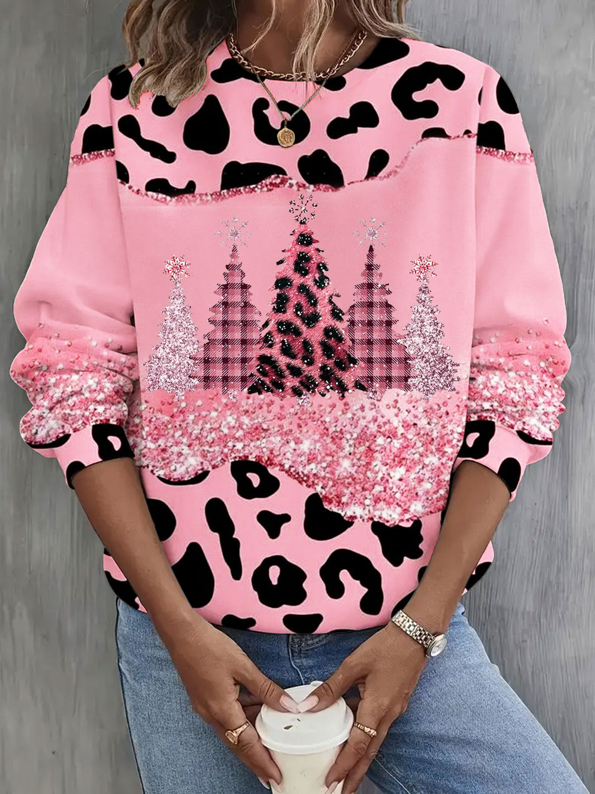 Women's Leopard Christmas Tree Print Top