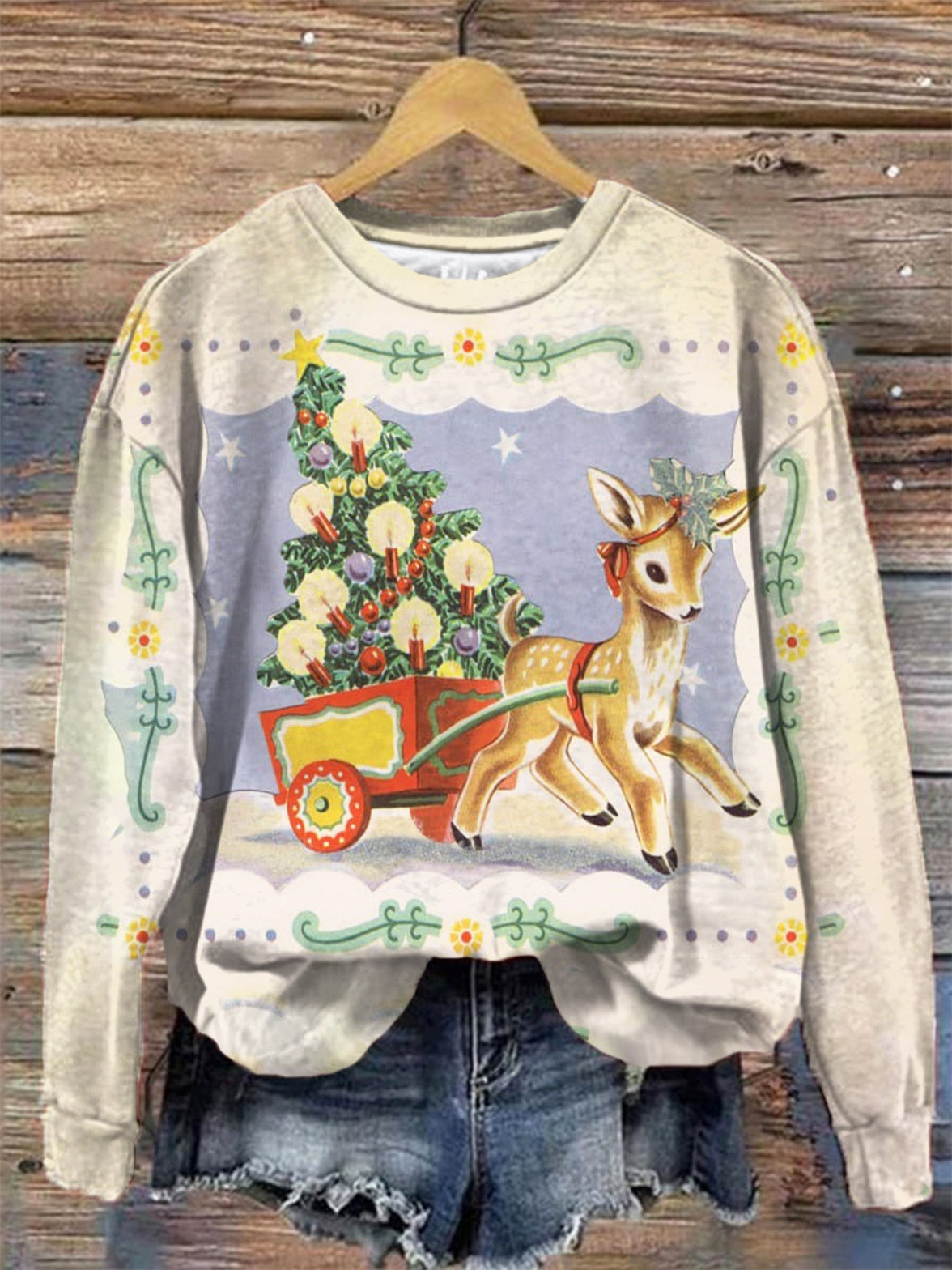 Vintage Christmas Deer Printed Crew Neck Long Sleeve Top