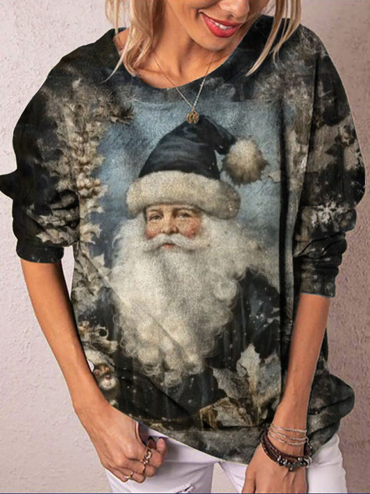 Gothic Santa Print Crew Neck Long Sleeve Top