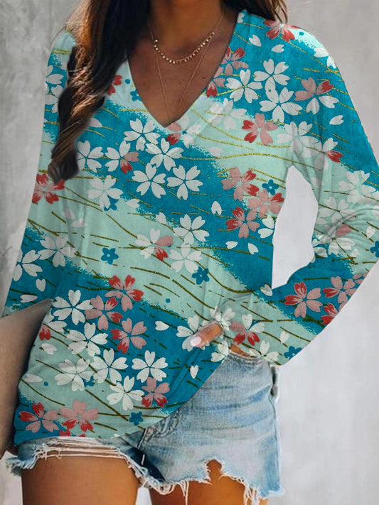 Cherry Blossoms Print V-Neck Long Sleeve Top