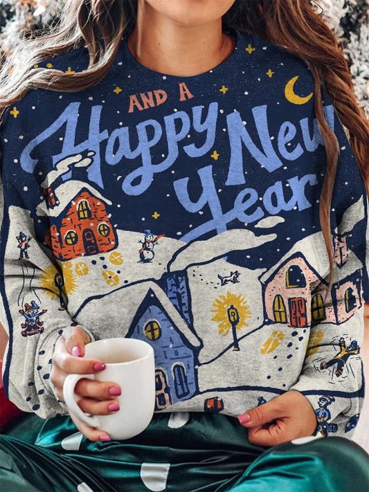 Women's Happy New Year Illustration Printed Long Sleeve Top