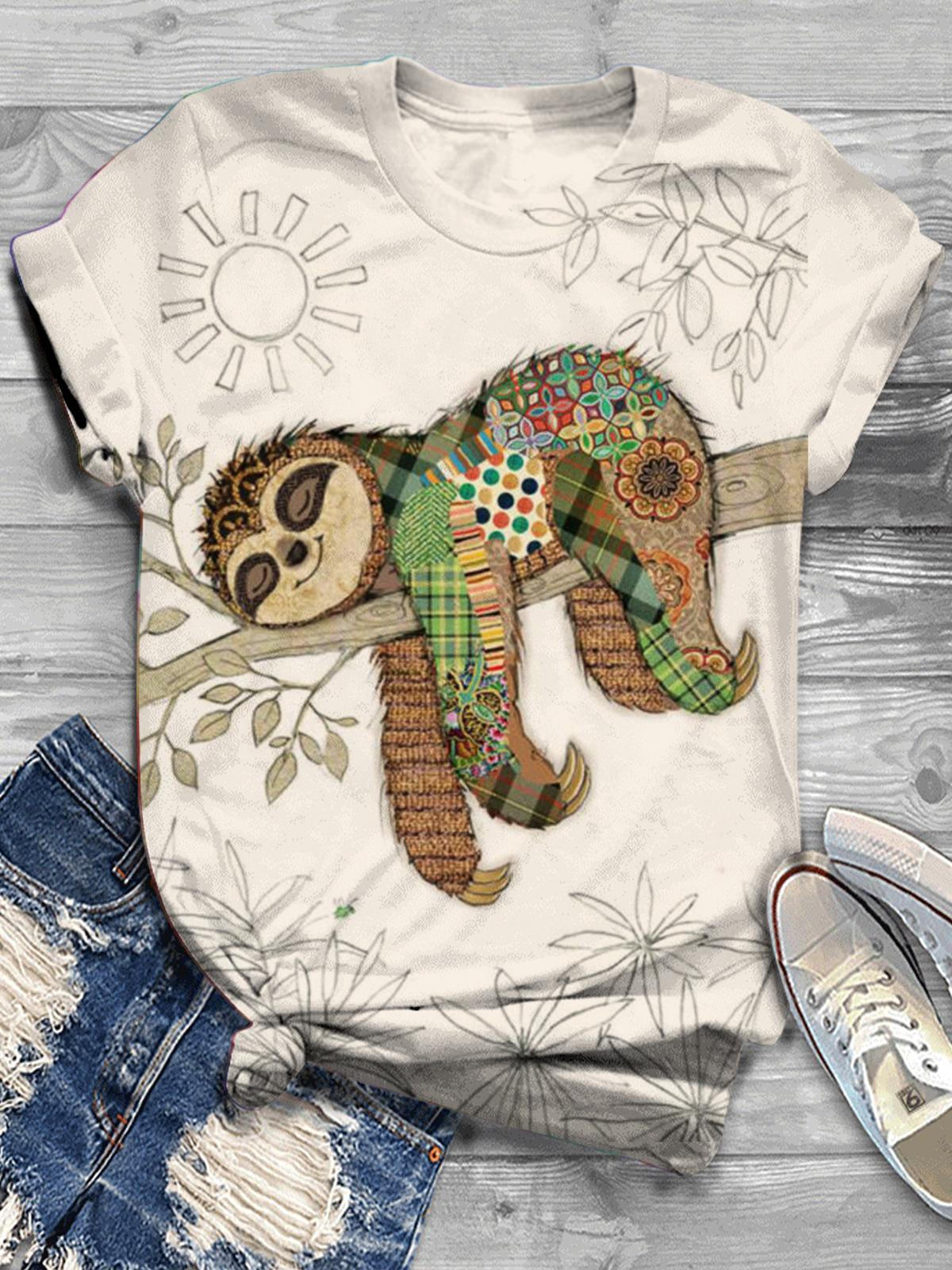 Retro Sloth Print Crew Neck T-shirt