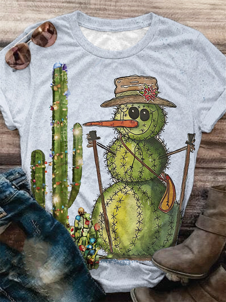 Cactus Snowman Print Crew Neck T-Shirt – Briteneye